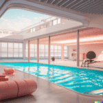 DALL·E 2023-01-20 09.50.33 - a sunlit indoor lounge area with a pool with clear water and another pool with translucent pastel pink water, next to a big window, digital art