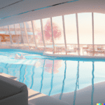 DALL·E 2023-01-20 09.50.39 - a sunlit indoor lounge area with a pool with clear water and another pool with translucent pastel pink water, next to a big window, digital art