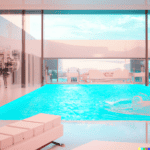 DALL·E 2023-01-20 09.50.46 - a sunlit indoor lounge area with a pool with clear water and another pool with translucent pastel pink water, next to a big window, digital art