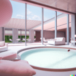 DALL·E 2023-01-20 09.50.53 - a sunlit indoor lounge area with a pool with clear water and another pool with translucent pastel pink water, next to a big window, digital art