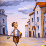 DALL·E 2023-01-20 10.32.07 - an oil painting of a boy with a great imagination walking in an old town