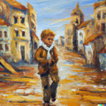 DALL·E 2023-01-20 10.32.13 - an oil painting of a boy with a great imagination walking in an old town