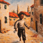 DALL·E 2023-01-20 10.32.17 - an oil painting of a boy with a great imagination walking in an old town