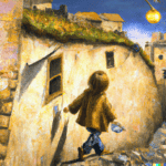 DALL·E 2023-01-20 10.32.23 - an oil painting of a boy with a great imagination walking in an old town