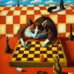DALL·E 2023-01-20 10.34.07 - a surrealist dream-like oil painting by Salvador Dalí of a cat playing checkers